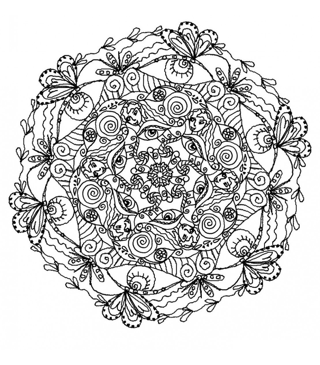 Cute but difficult Mandala coloring page, with flowers and butterflies